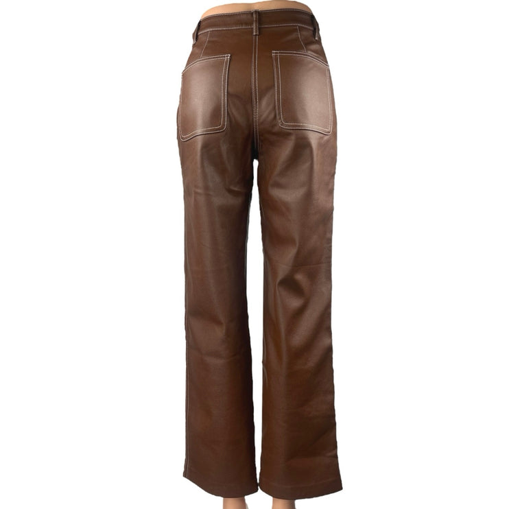 Aritzia Wilfred Brown Faux Leather High Waist Straight Wide Leg Trousers Pants 0