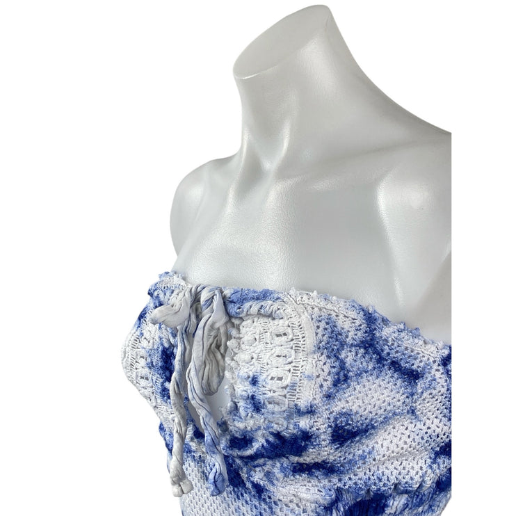 Cotton Natural Blue Tie Dye Smocked Strapless Ruffle Tiered Mini Dress Size S