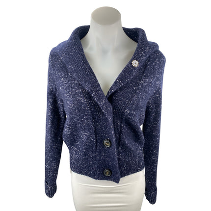 COS Women's Navy Blue Wool Knit Long Sleeve Button Up Cardigan Sweater Top Sz M