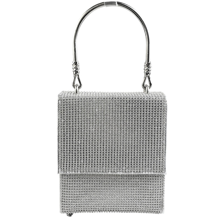 Badgley Mischka Silver Rhinestone Studded Gemstone Bridal Hard Satchel Handbag