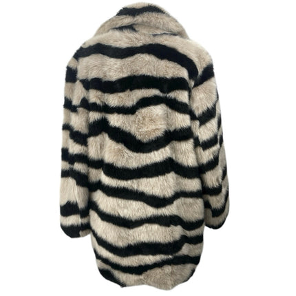 Fabulous Furs Beige Black Striped Faux Fur Teddy Coat Cardigan Sweater Jacket S