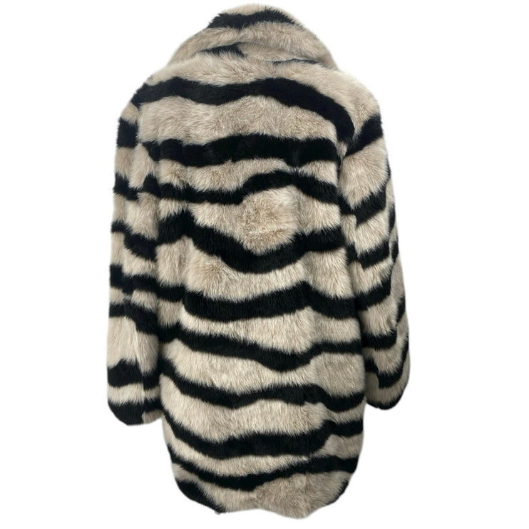 Fabulous Furs Beige Black Striped Faux Fur Teddy Coat Cardigan Sweater Jacket S