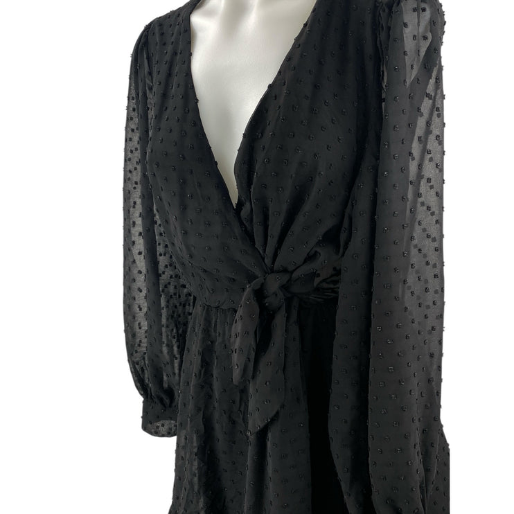 Zara Women's Black Swiss Dot Sheer V Neck Long Sleeve Mini A-Line Wrap Dress S
