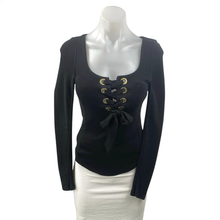 Free People Looking Back Black Long Sleeve Lace Up Blouse T Shirt Top Size XS