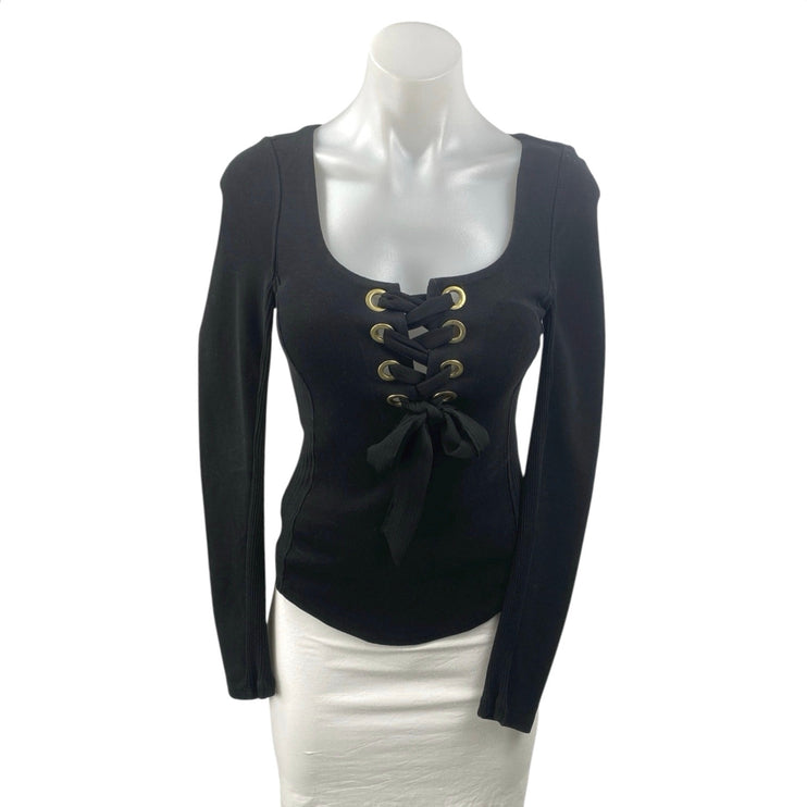 Free People Looking Back Black Long Sleeve Lace Up Blouse T Shirt Top Size XS