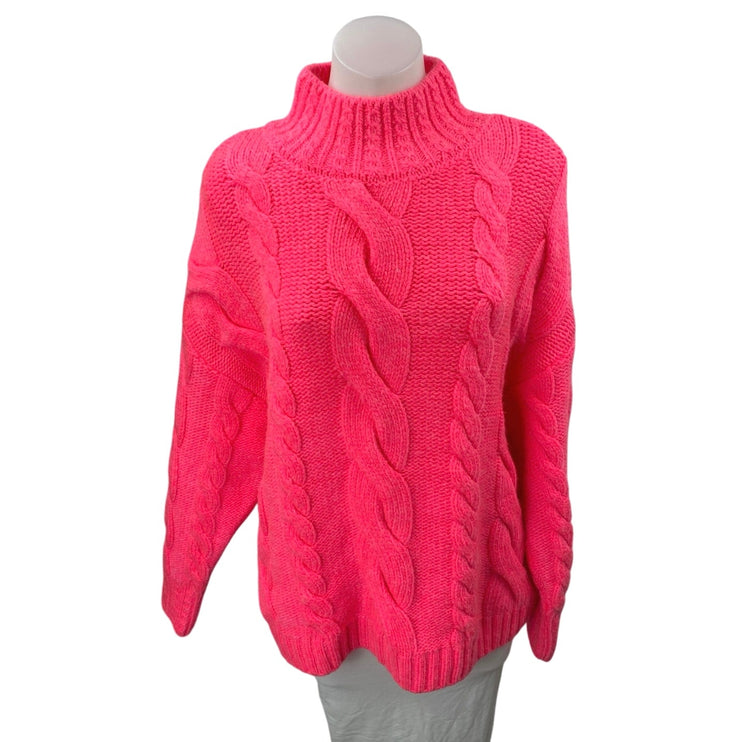 Anthropologie Pink Wool Chunky Cable Knit Mock Neck Long Sleeve Sweater Top Sz L