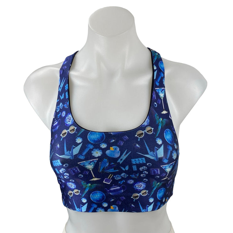 Terez Women's Blue Graphic Print Racer Back Yoga Athletic Sports Bra Crop Top XS