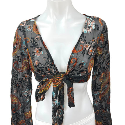 Tiger Mist Black Paisley Floral Sheer Velvet Velour Long Sleeve Crop Top Size S