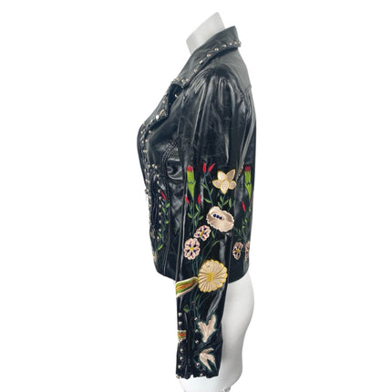 Elli White Black Faux Leather Floral Embroidered Studded Moto Biker Jacket Sz S