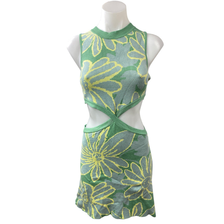 Mable Green Floral Knit Sleeveless Crew neck Cut Out Mini Bodycon Tank Dress M
