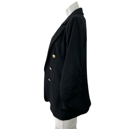Skies Are Blue Blue Black Double Breasted Ruched Sleeve Blazer Coat Jacket Sz M