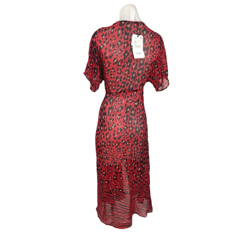 Zara NWT Multicolor Leopard Print Twist Knot Plunging V-neck Cover Up Dress XS