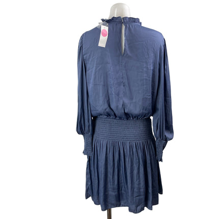 NEW Mustard Seed Navy Blue Smocked Long Sleeve Ruffle Mock Neck Mini Dress Sz L