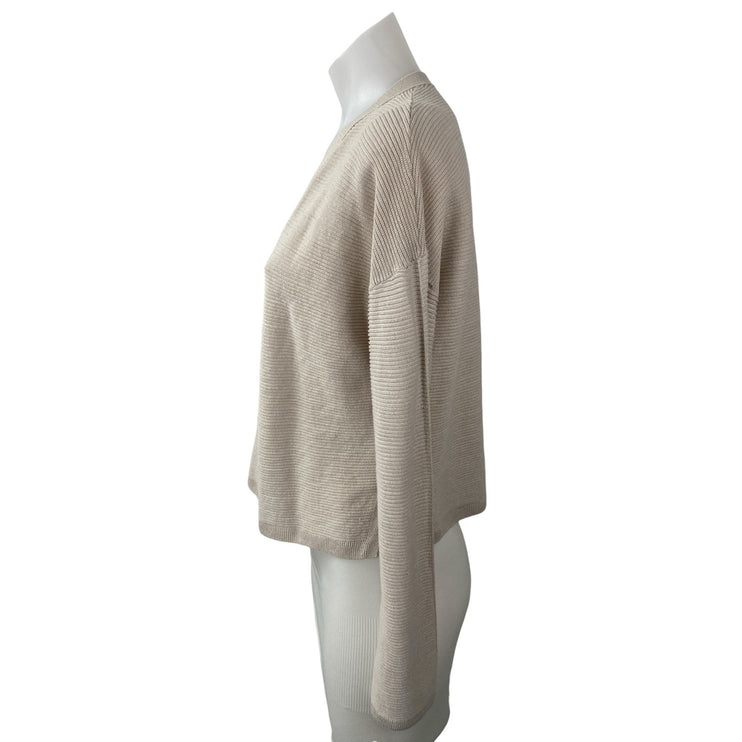 Theory Women's Beige Linen Knit Long Sleeve V Neck Button Up Cardigan Sweater M