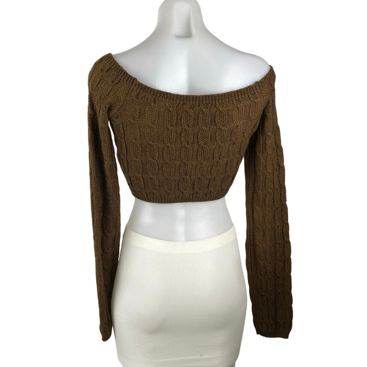 NEW NA-KD Brown Off The Shoulder Cable Knit Long Sleeve Crop Top Sweater Size S