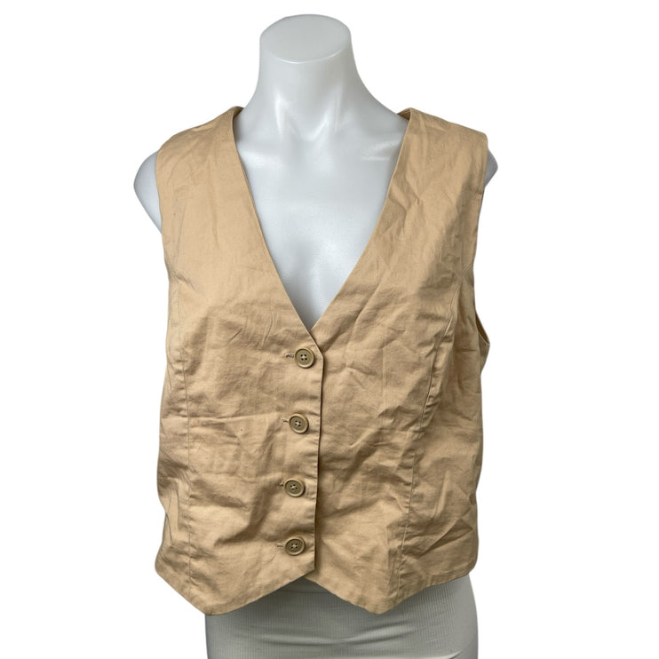 Abercrombie & Fitch Beige Sleeveless V Neck Button Shirt Crop Tank Vest Top Sz L