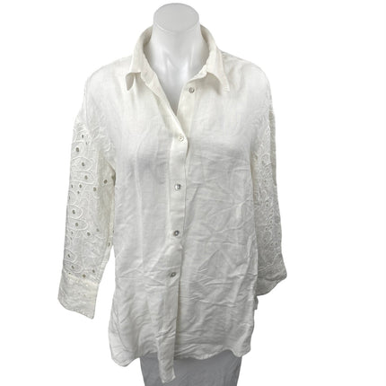 S. Oliver Women's White Linen Embroidered Eyelet Long Sleeve Button Down Shirt 6