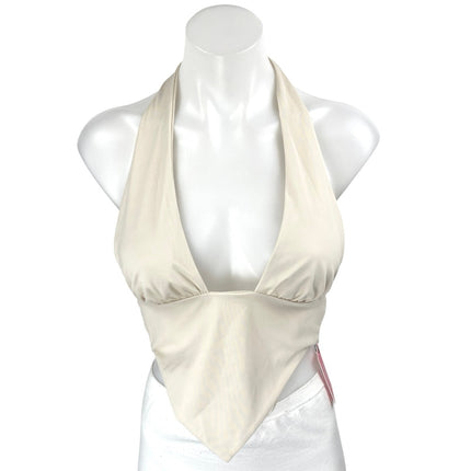 NEW Edikted Cream Plunging V Neck Halter Sleeveless Open Back Tie Crop Top XS