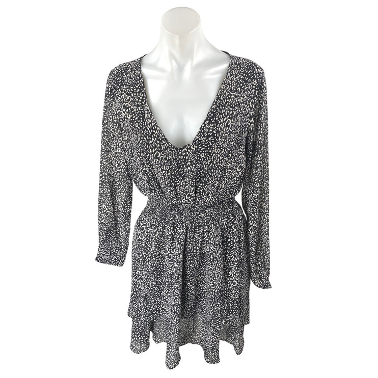 NEW Molly Bracken Black White Printed Long Sleeve Tiered A Line Mini Dress Sz S