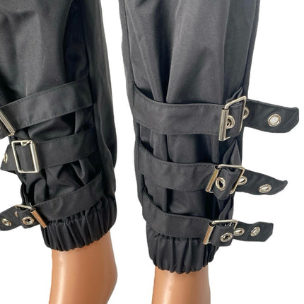 Women's Black High Rise Buckle Ankle Strap Tapered Leg Cargo Trousers Pants S