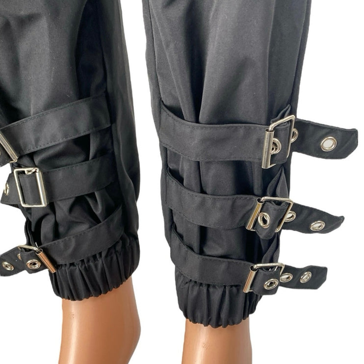 Women's Black High Rise Buckle Ankle Strap Tapered Leg Cargo Trousers Pants S
