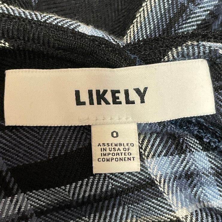 Likely Black Blue Plaid One Shoulder Lace Trim Ruffle Sheath Mini Dress Size 0