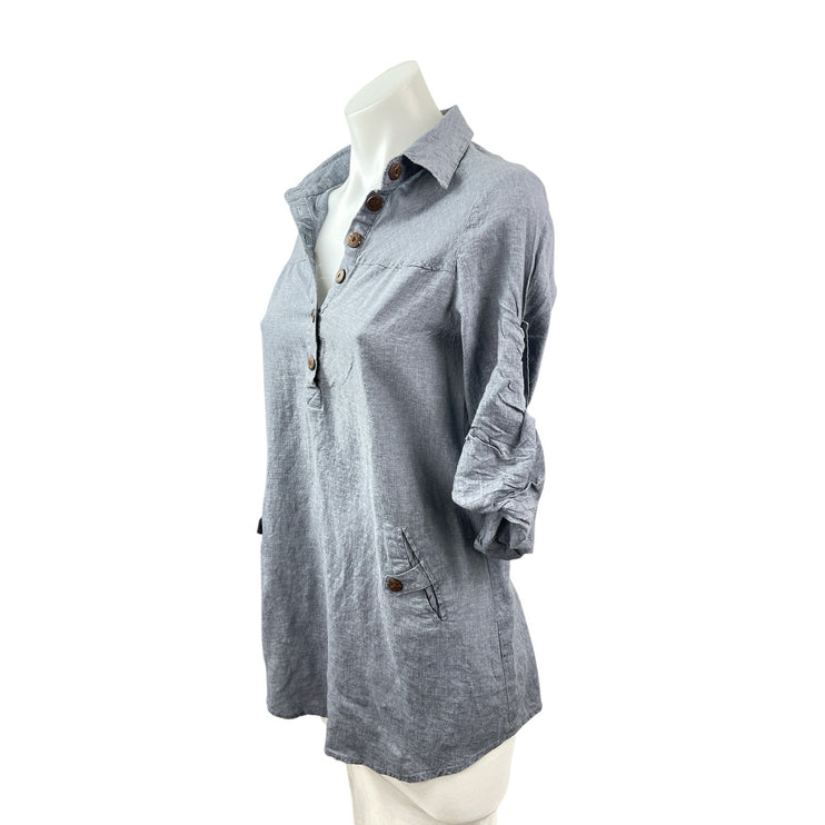 Poetry Women's Gray Linen Half Sleeve Button Front Collared Henley Shirt Top M
