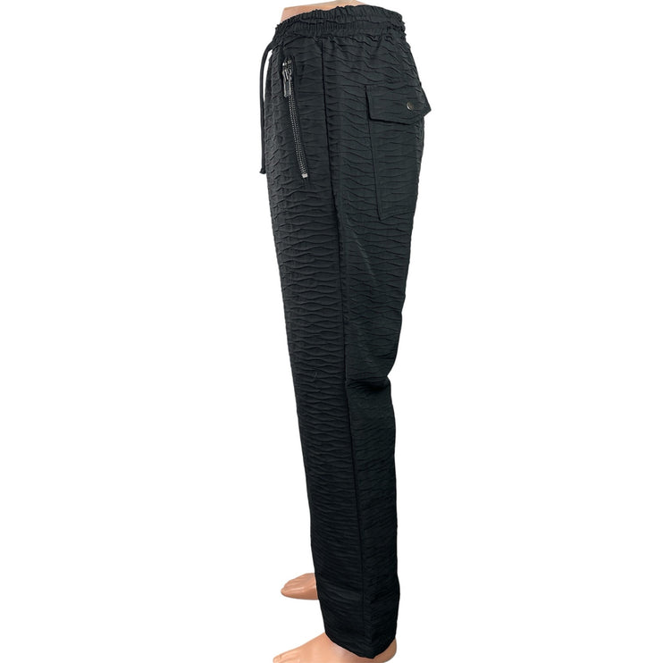 Forever 21 Black Textured Drawstring High Waisted Straight Leg Trousers Pants S
