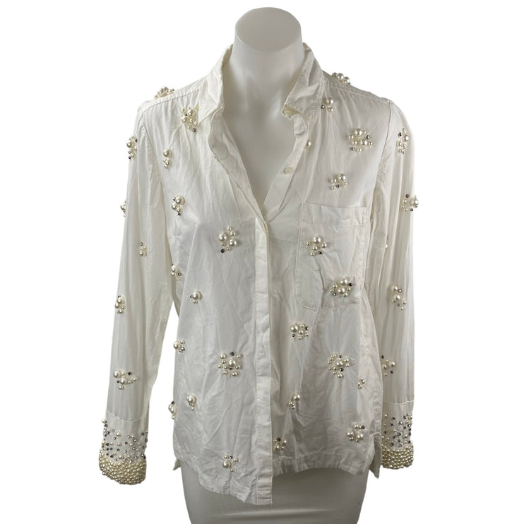 Anthropologie Maeve Women's White Beaded Long Sleeve Button Down Shirt Top XS