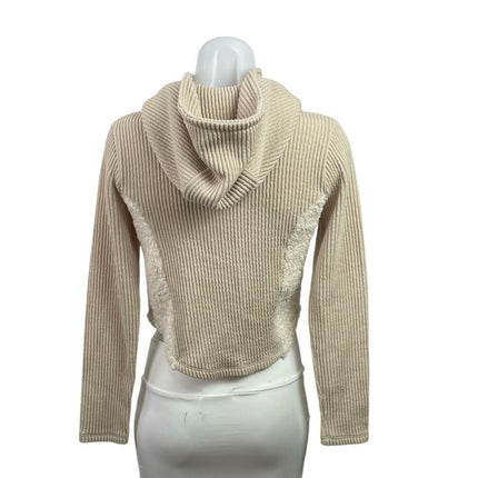 Cider Garden Womens Cream Long Sleeve Ribbed Knit Zip up Cropped Hooded Hoodie S