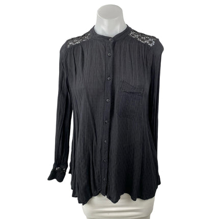 Free People The Best Black Floral Crochet Long Sleeve Button Down Shirt Top XS