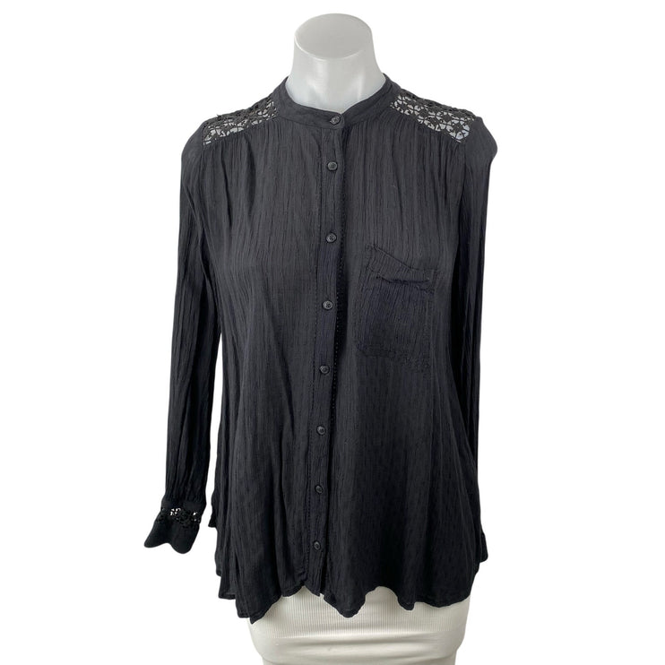 Free People The Best Black Floral Crochet Long Sleeve Button Down Shirt Top XS