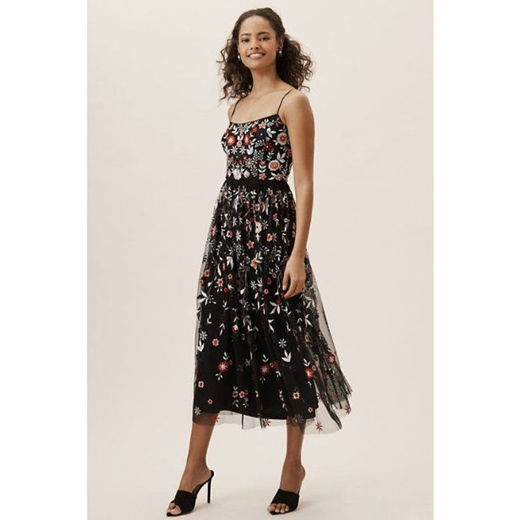 Modcloth Black Floral Tulle Embroidered Sleeveless A Line Midi Dress Size S