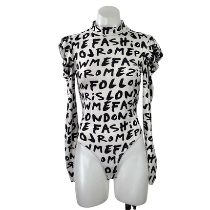 Fashion Nova White Black Graffiti Mock Neck Long Sleeve Bodysuit Top Size M