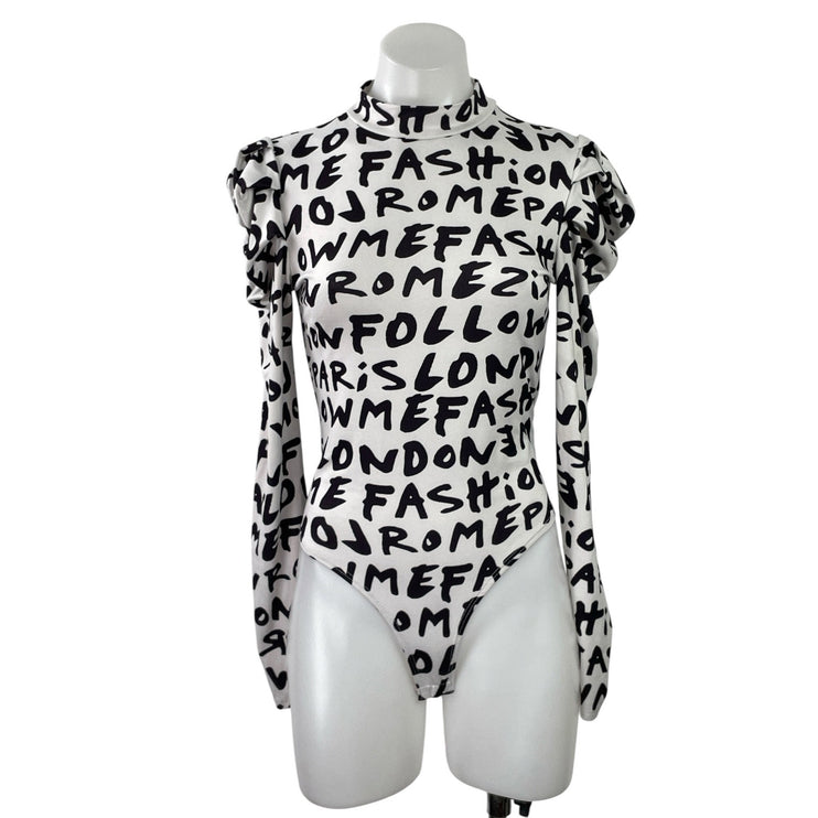 Fashion Nova White Black Graffiti Mock Neck Long Sleeve Bodysuit Top Size M