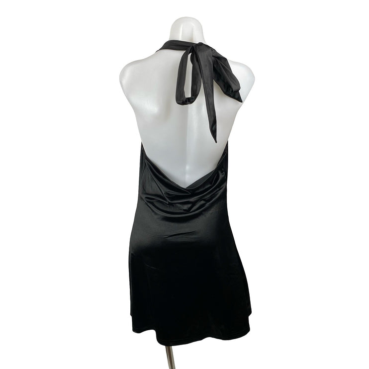 NEW Zaful Black Silk Satin Halter Cowl Neck Backless A Line Mini Dress Size M