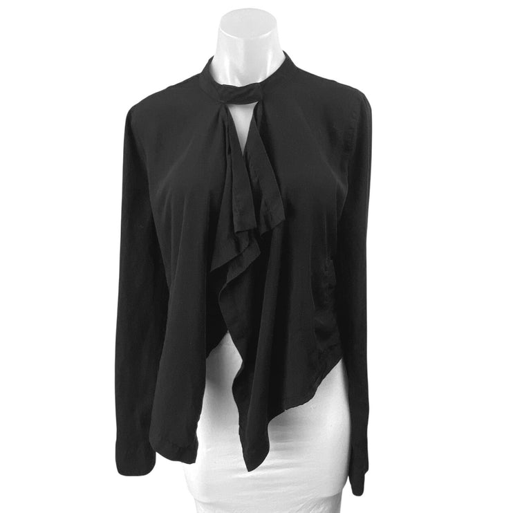 Calvin Klein Women's Black Ruffle High Neck Long Sleeve Open Front Blouse Top L
