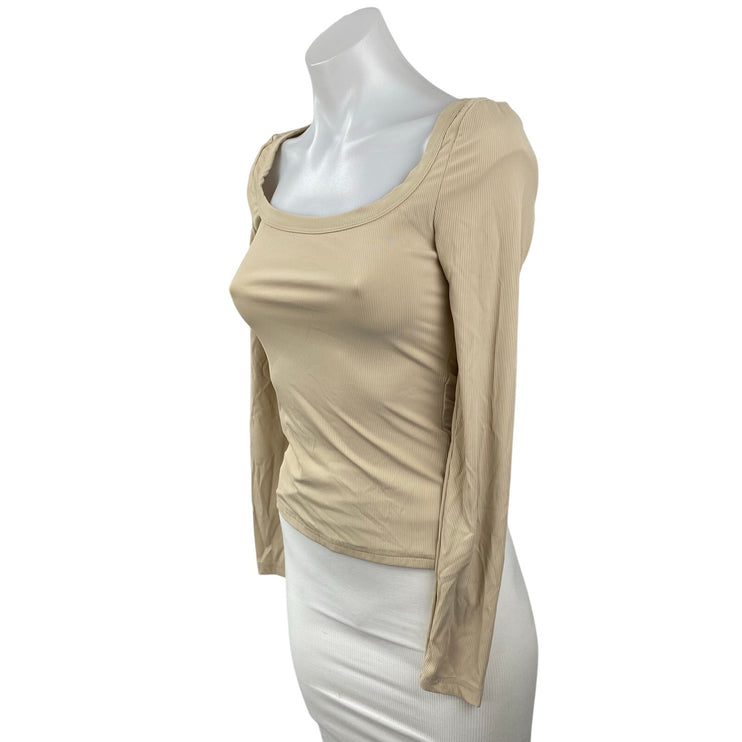 Princess Polly Women's Beige Ribbed Square Neck Long Sleeve Slim T-Shirt Top 4