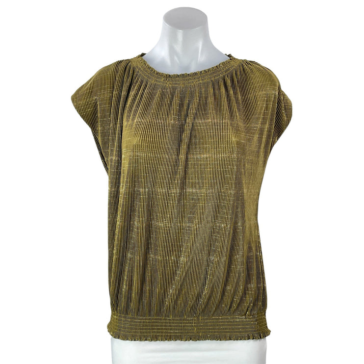 NEW Democracy Olive Green Short Cap Sleeve Ruffle Pleated Blouse Top Size M
