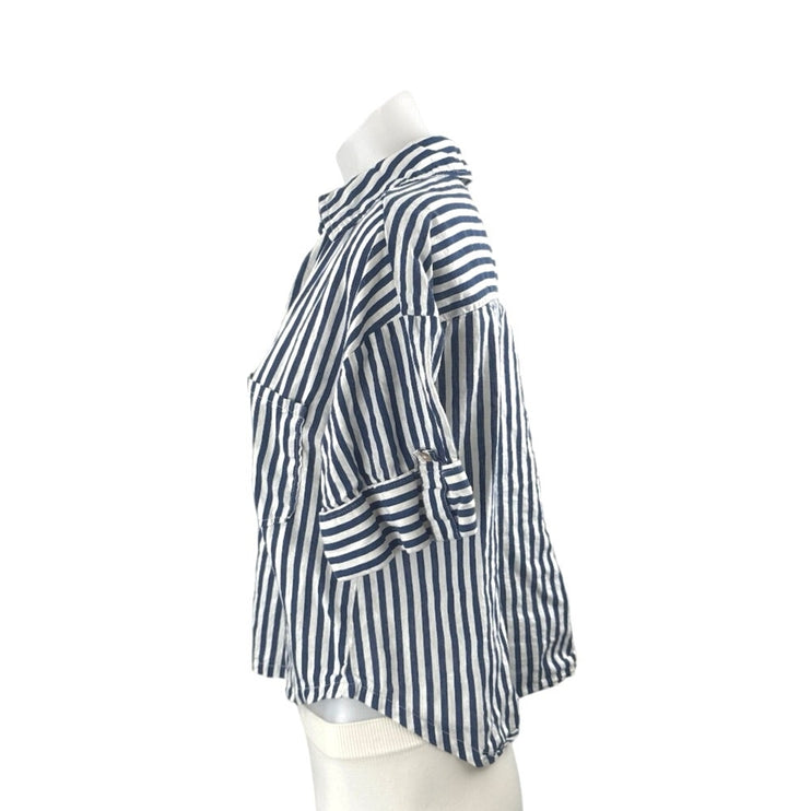 Zara Women's Blue Linen Striped Short Sleeve Crop Button Down Shirt Top Size XS