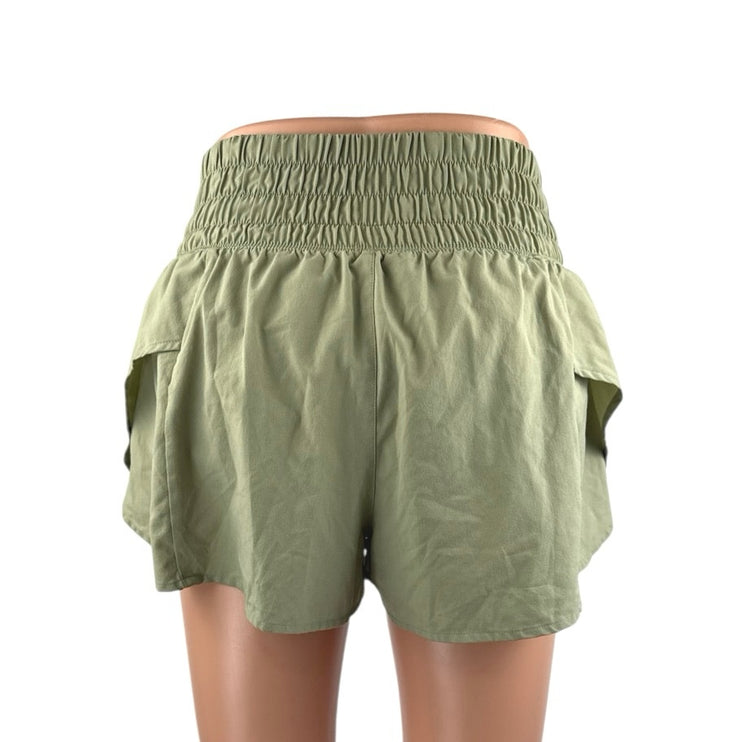 Calia Women's Green Tan Elastic Smocked High Waisted Mini Shorts Set of 2 Size S
