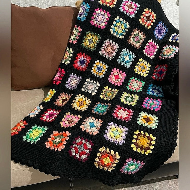 Vintage Granny Square Festival Crochet Afghan Rainbow Multicolor Blanket Throw