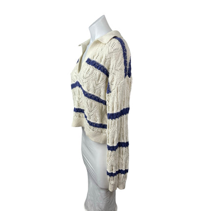 Universal Thread Cream Blue Knit Striped V Neck Long Sleeve Polo Sweater Top S