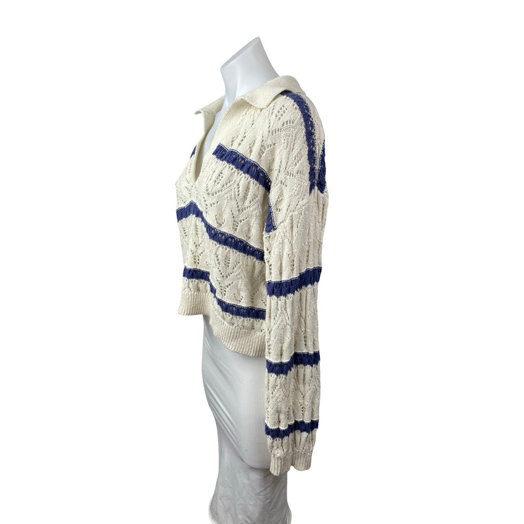 Universal Thread Cream Blue Knit Striped V Neck Long Sleeve Polo Sweater Top S