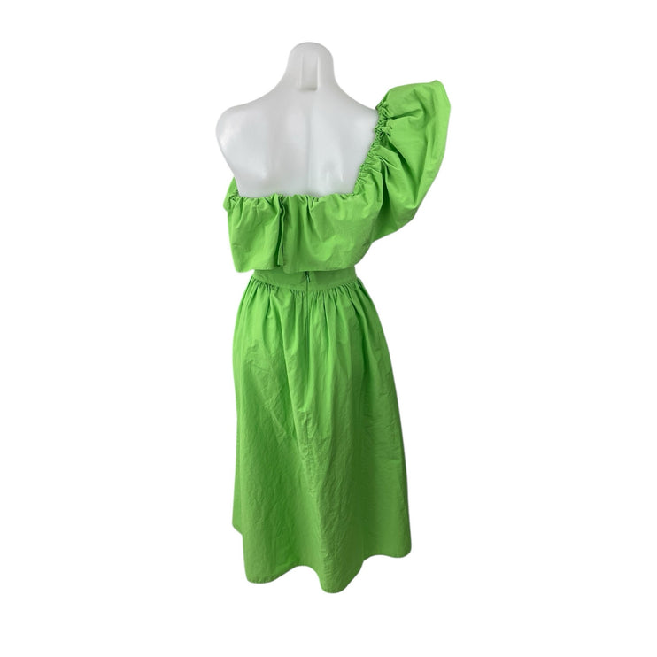 H&M Women's Green Flounced One Shoulder Crop Top Midi Flare A-Line Skirt Set 38