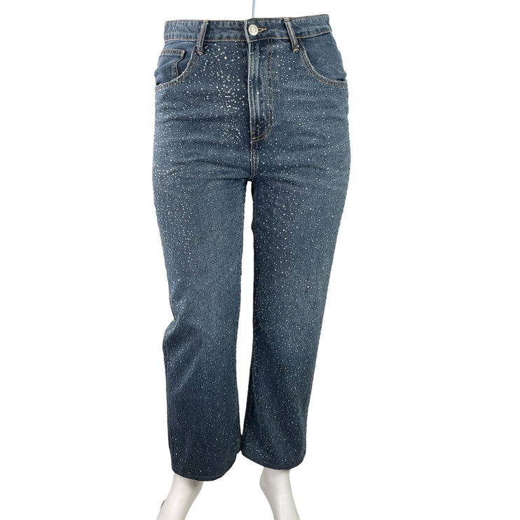 Zara Women's Blue Rhinestone Embellished Straight Wide Leg Denim Jeans Pants 12