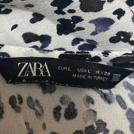 Zara White Black Leopard Long Sleeve V Neck Pleated Faux Wrap Aline Mini Dress L