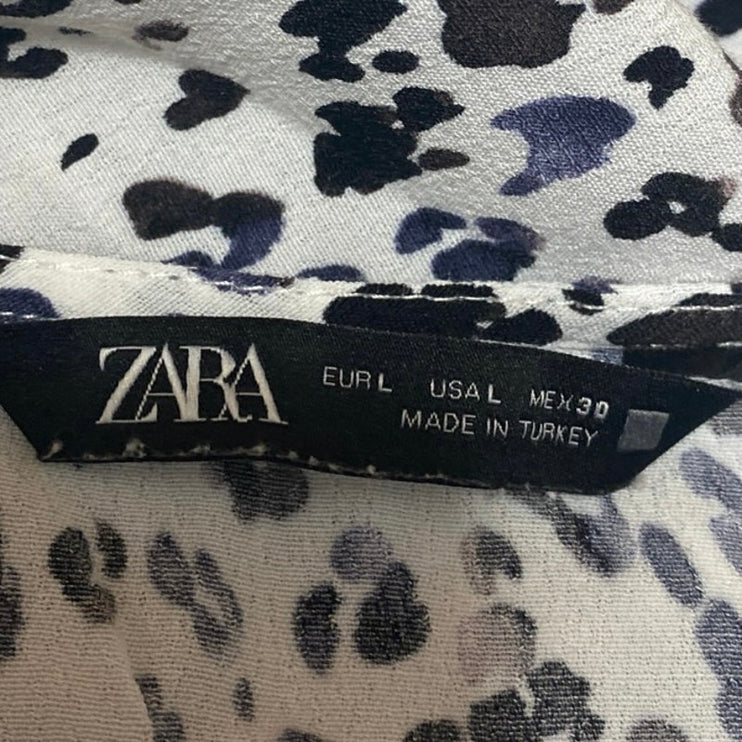 Zara White Black Leopard Long Sleeve V Neck Pleated Faux Wrap Aline Mini Dress L
