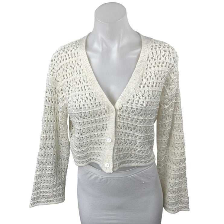 Women's White Crochet Knit Long Sleeve V Neck Crop Button Up Cardigan Sweater 14