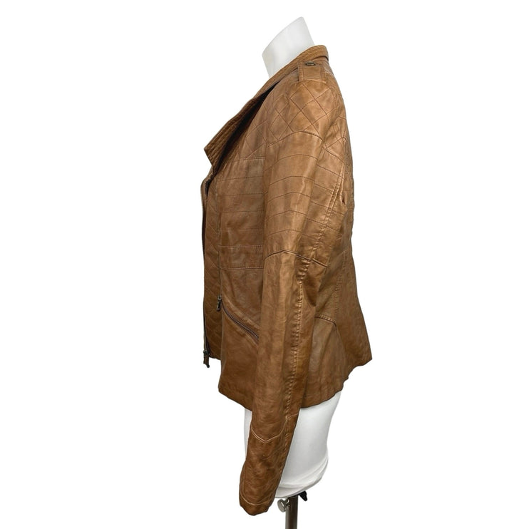 Guess Cognac Brown Faux Leather Asymmetric Full Zip Quilted Moto Jacket Size S/L